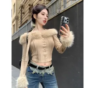 Joskaa Fur Collar Off Shoulder Halter Tops Mujer Y2k Slim Fit Long Sleeve Cardigan 2024 Autumn Winter New Bottoming Sweaters