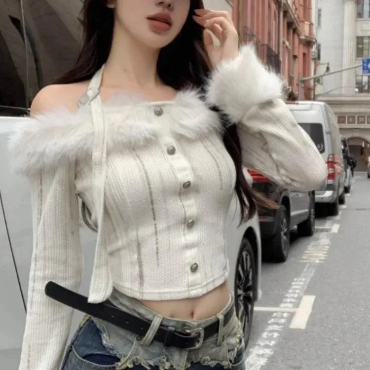 Joskaa Fur Collar Off Shoulder Halter Tops Mujer Y2k Slim Fit Long Sleeve Cardigan 2024 Autumn Winter New Bottoming Sweaters