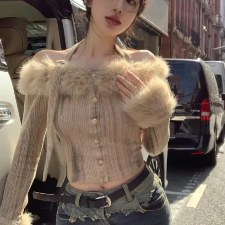 Joskaa Fur Collar Off Shoulder Halter Tops Mujer Y2k Slim Fit Long Sleeve Cardigan 2024 Autumn Winter New Bottoming Sweaters