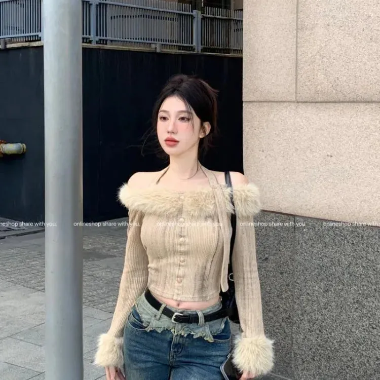 Joskaa Fur Collar Off Shoulder Halter Tops Mujer Y2k Slim Fit Long Sleeve Cardigan 2024 Autumn Winter New Bottoming Sweaters
