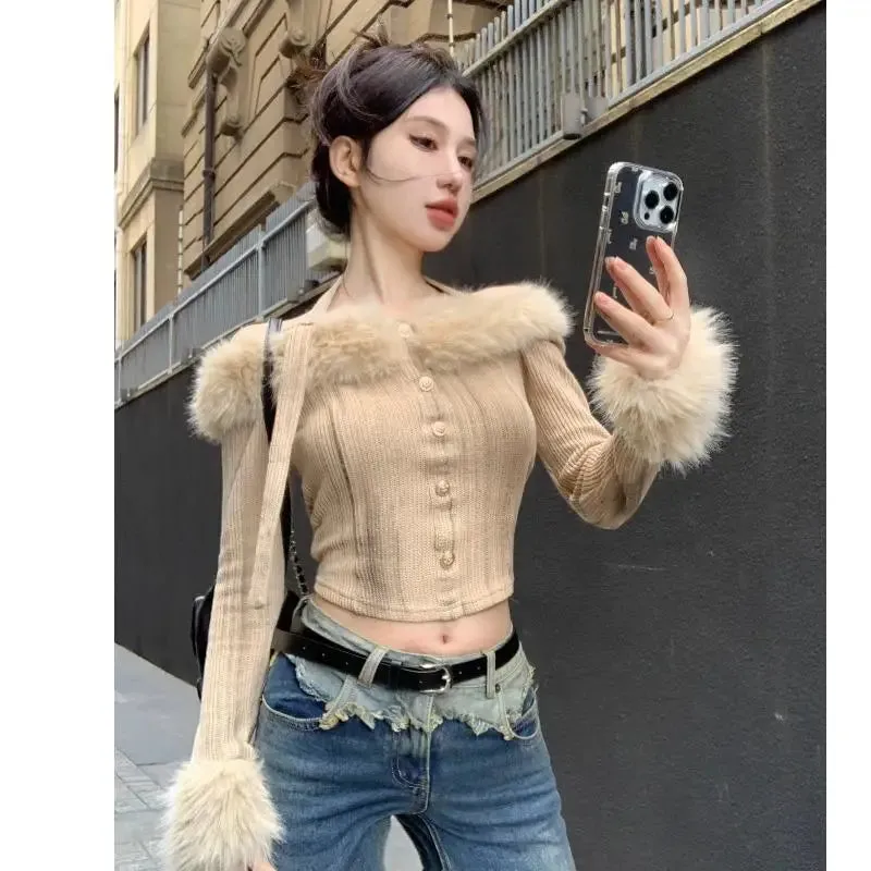 Joskaa Fur Collar Off Shoulder Halter Tops Mujer Y2k Slim Fit Long Sleeve Cardigan 2024 Autumn Winter New Bottoming Sweaters