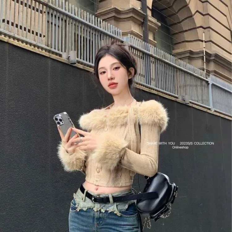 Joskaa Fur Collar Off Shoulder Halter Tops Mujer Y2k Slim Fit Long Sleeve Cardigan 2024 Autumn Winter New Bottoming Sweaters