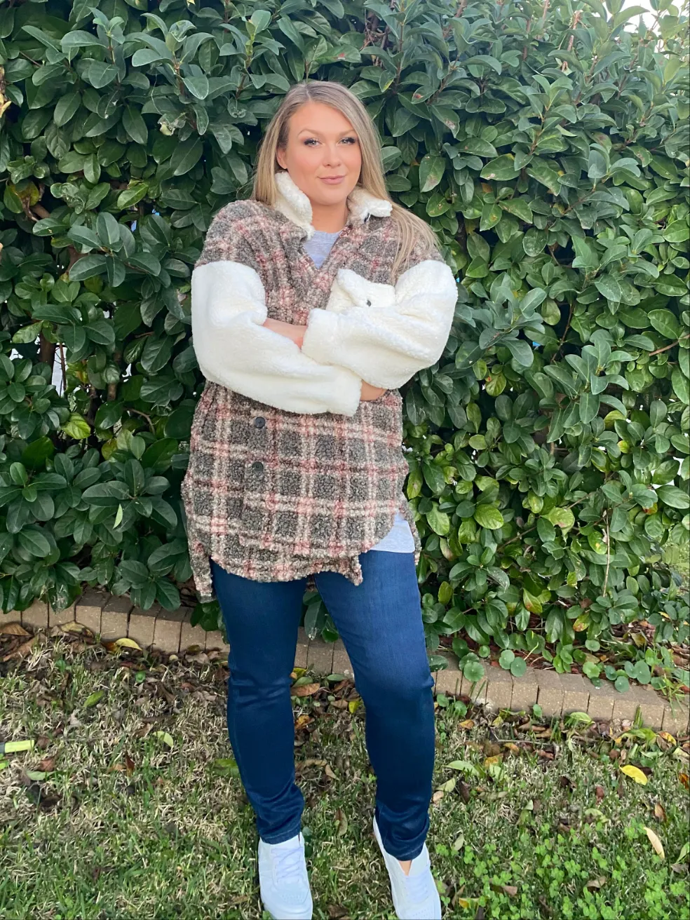 Khaki and White Fluffy Shacket Sweater