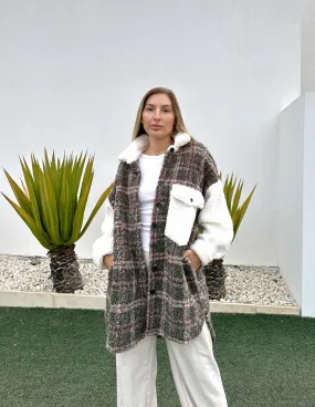 Khaki and White Fluffy Shacket Sweater