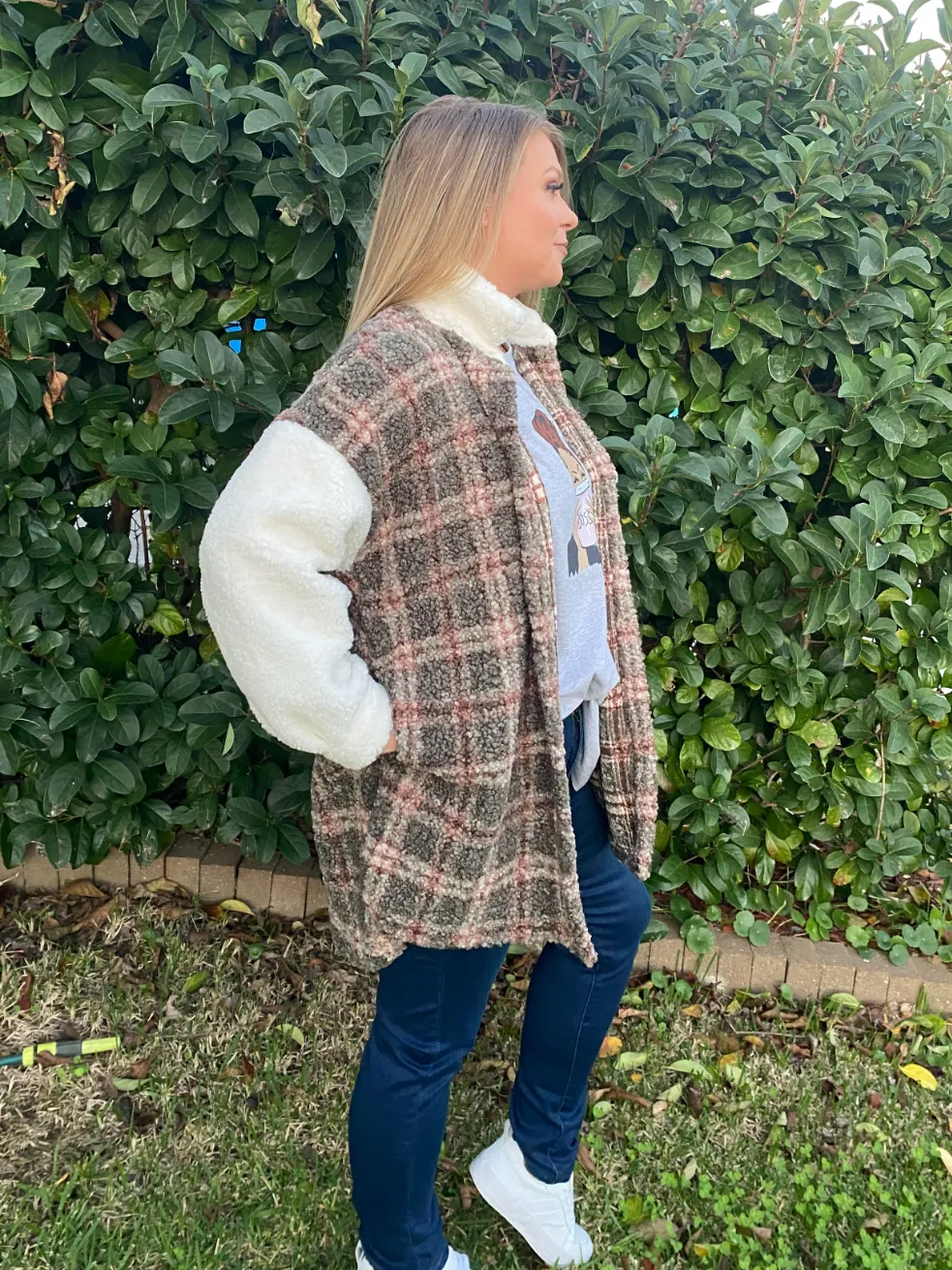 Khaki and White Fluffy Shacket Sweater
