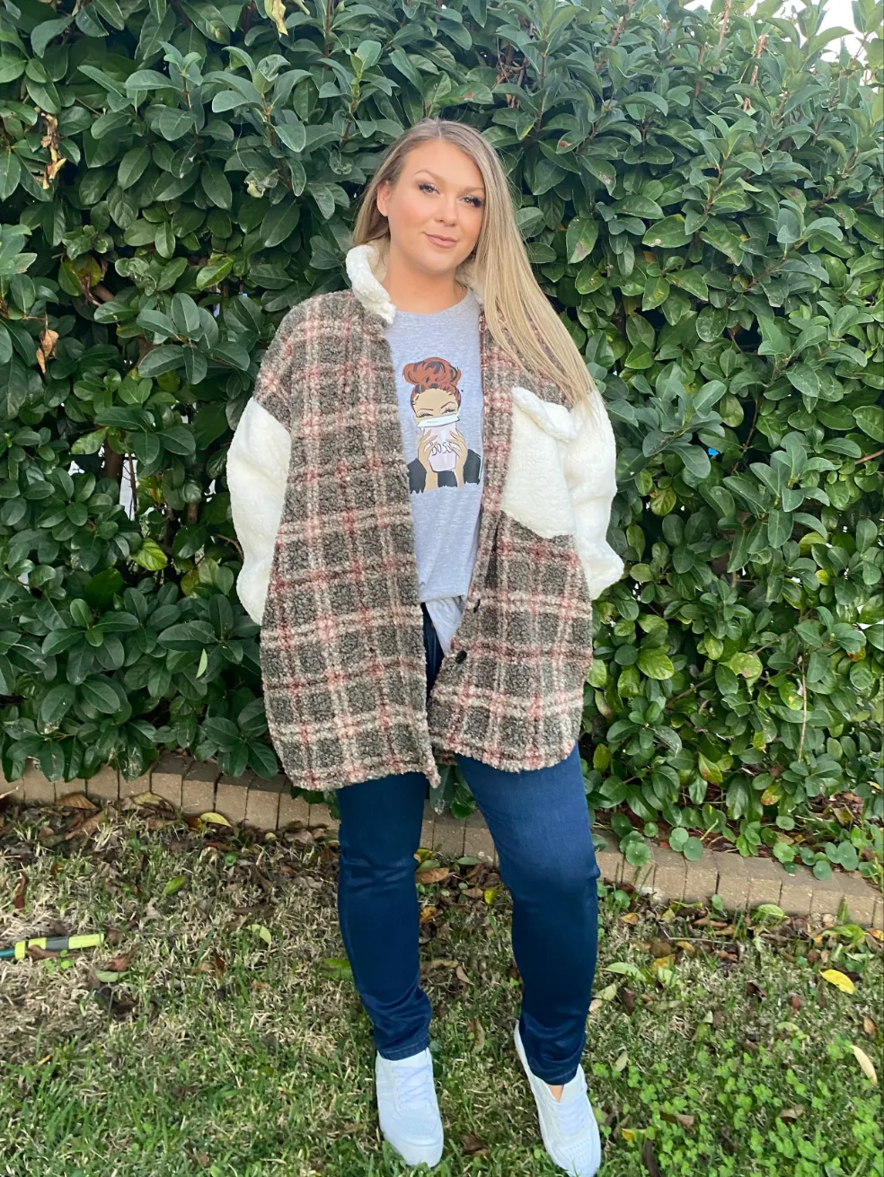 Khaki and White Fluffy Shacket Sweater