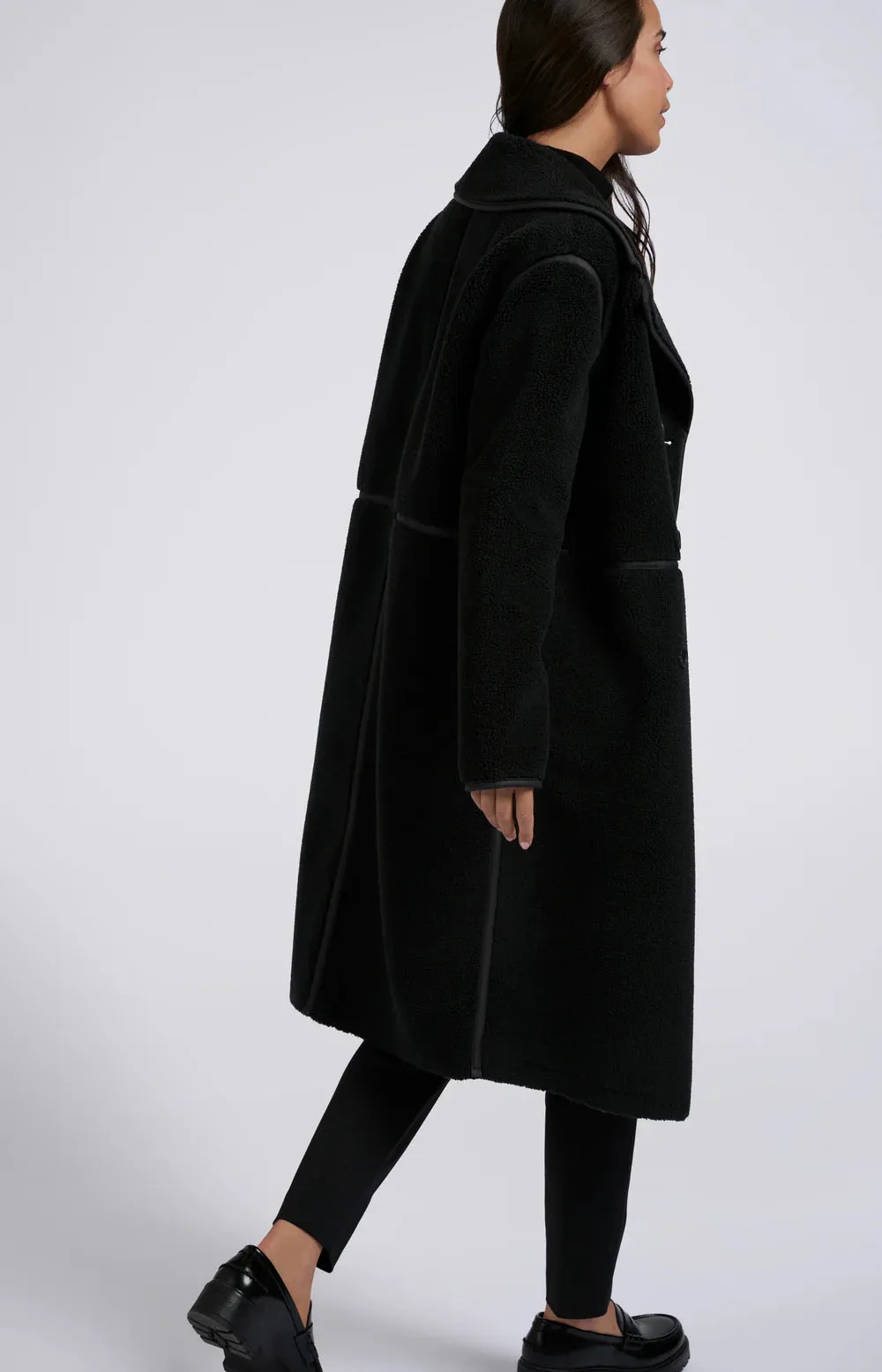 Long Double Breasted Teddy Coat - Black