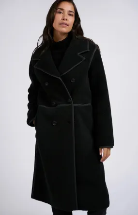 Long Double Breasted Teddy Coat - Black