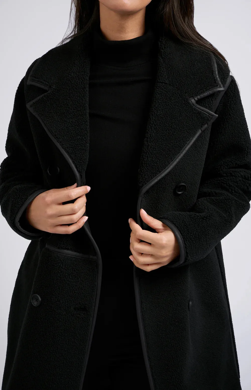 Long Double Breasted Teddy Coat - Black