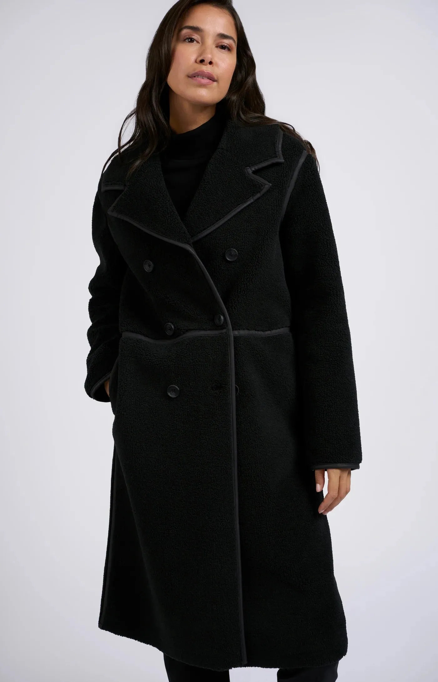 Long Double Breasted Teddy Coat - Black