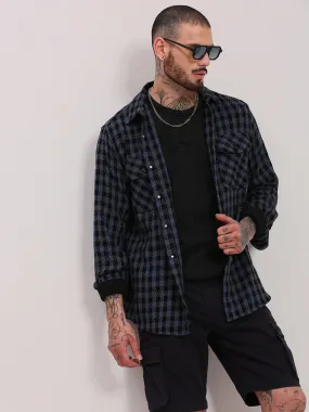 Men Navy Blue Checked Shacket