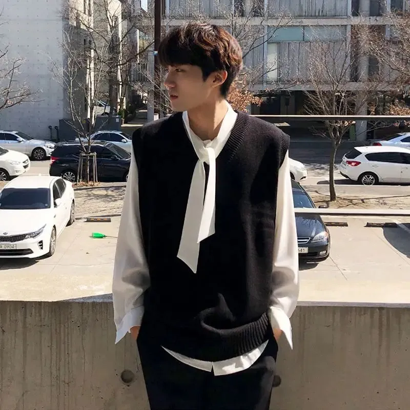 New Autumn Acrylic Men's Sweater Vest V-neck Pullover Korean Solid Color Loose Casual Black Knitted Sweater Vest for Men