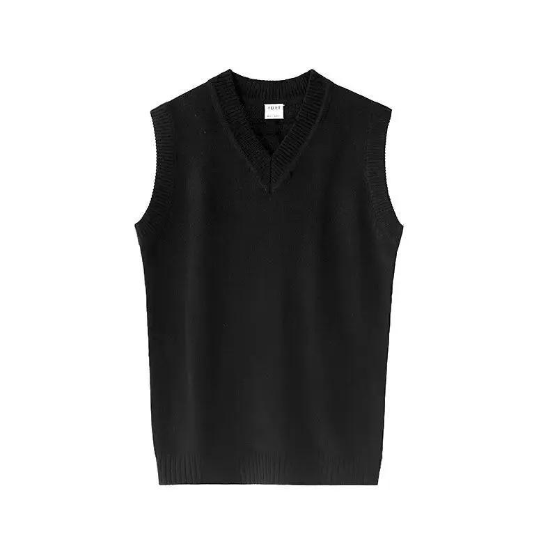 New Autumn Acrylic Men's Sweater Vest V-neck Pullover Korean Solid Color Loose Casual Black Knitted Sweater Vest for Men