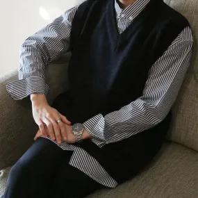 New Autumn Acrylic Men's Sweater Vest V-neck Pullover Korean Solid Color Loose Casual Black Knitted Sweater Vest for Men