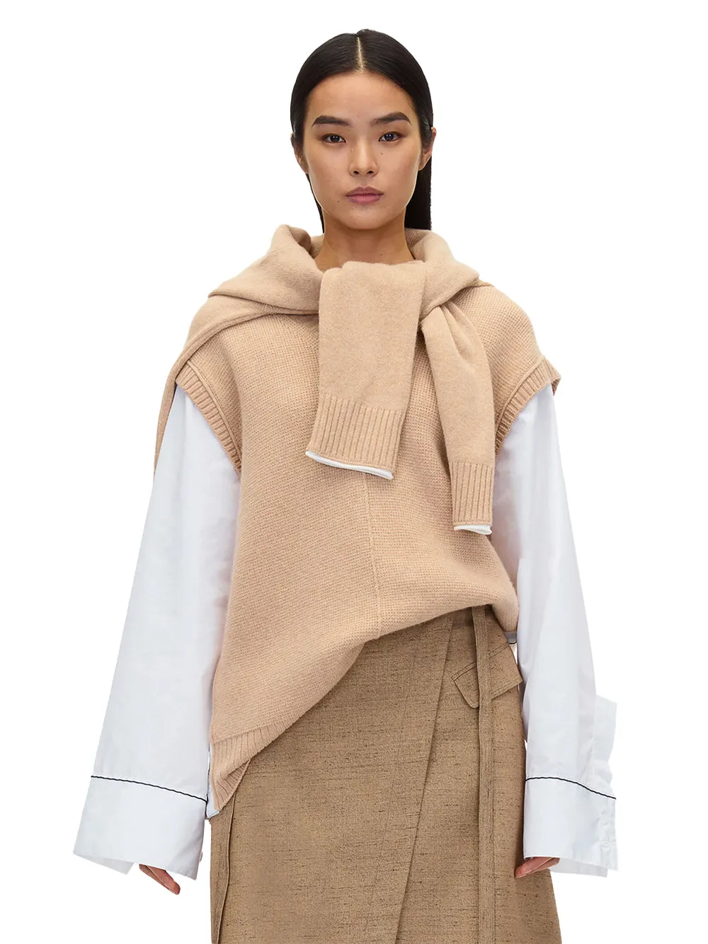 Oversized Knit Vest with Poplin Sleeves (Beige)