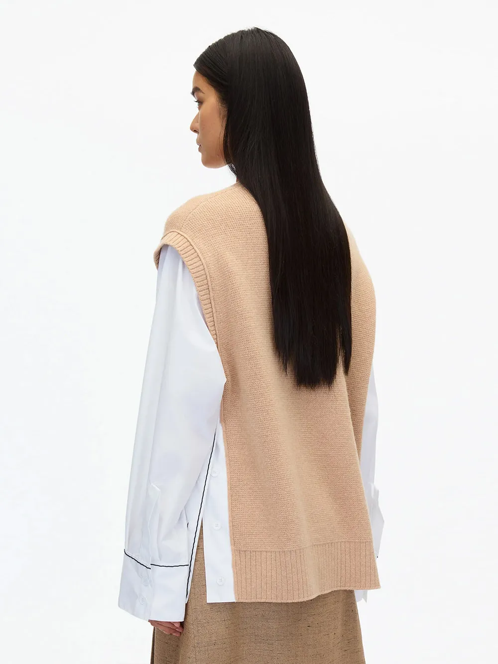 Oversized Knit Vest with Poplin Sleeves (Beige)