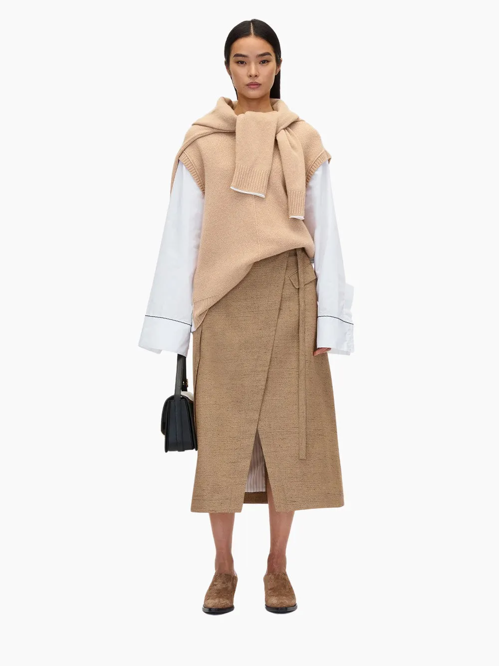 Oversized Knit Vest with Poplin Sleeves (Beige)