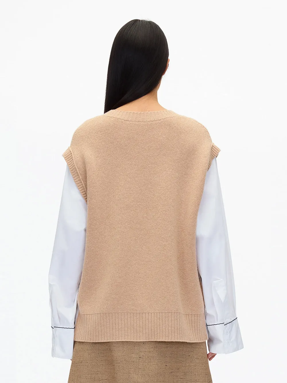 Oversized Knit Vest with Poplin Sleeves (Beige)
