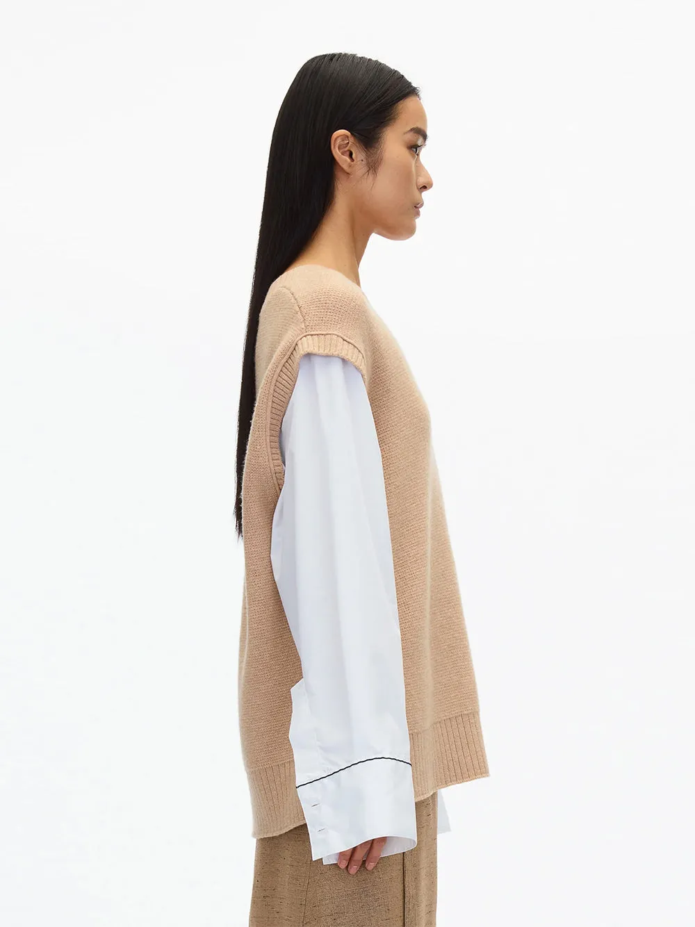 Oversized Knit Vest with Poplin Sleeves (Beige)
