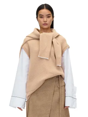 Oversized Knit Vest with Poplin Sleeves (Beige)