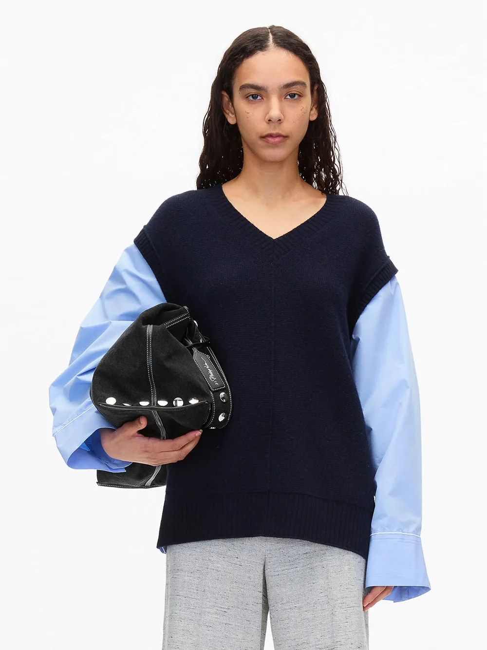 Oversized Knit Vest with Poplin Sleeves (Midnight)
