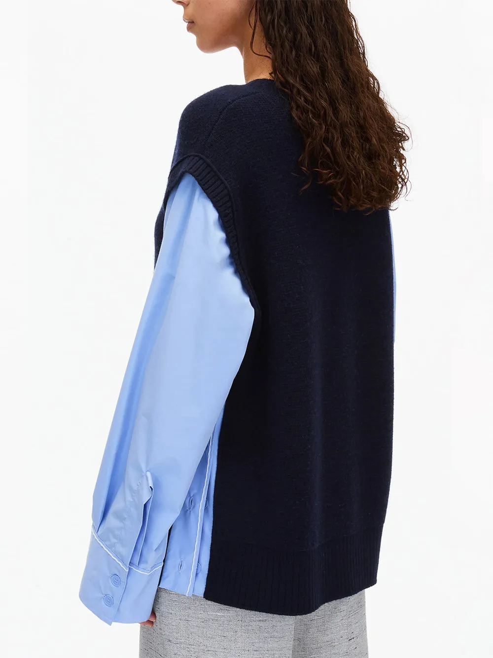 Oversized Knit Vest with Poplin Sleeves (Midnight)