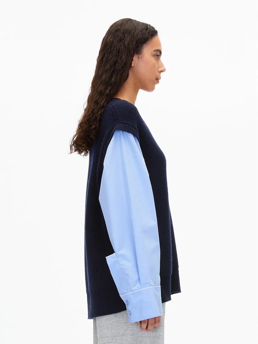 Oversized Knit Vest with Poplin Sleeves (Midnight)