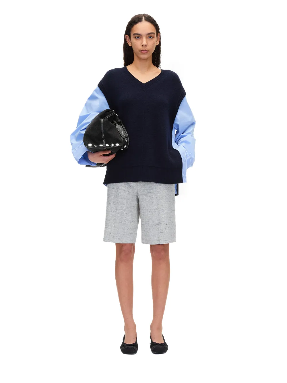 Oversized Knit Vest with Poplin Sleeves (Midnight)