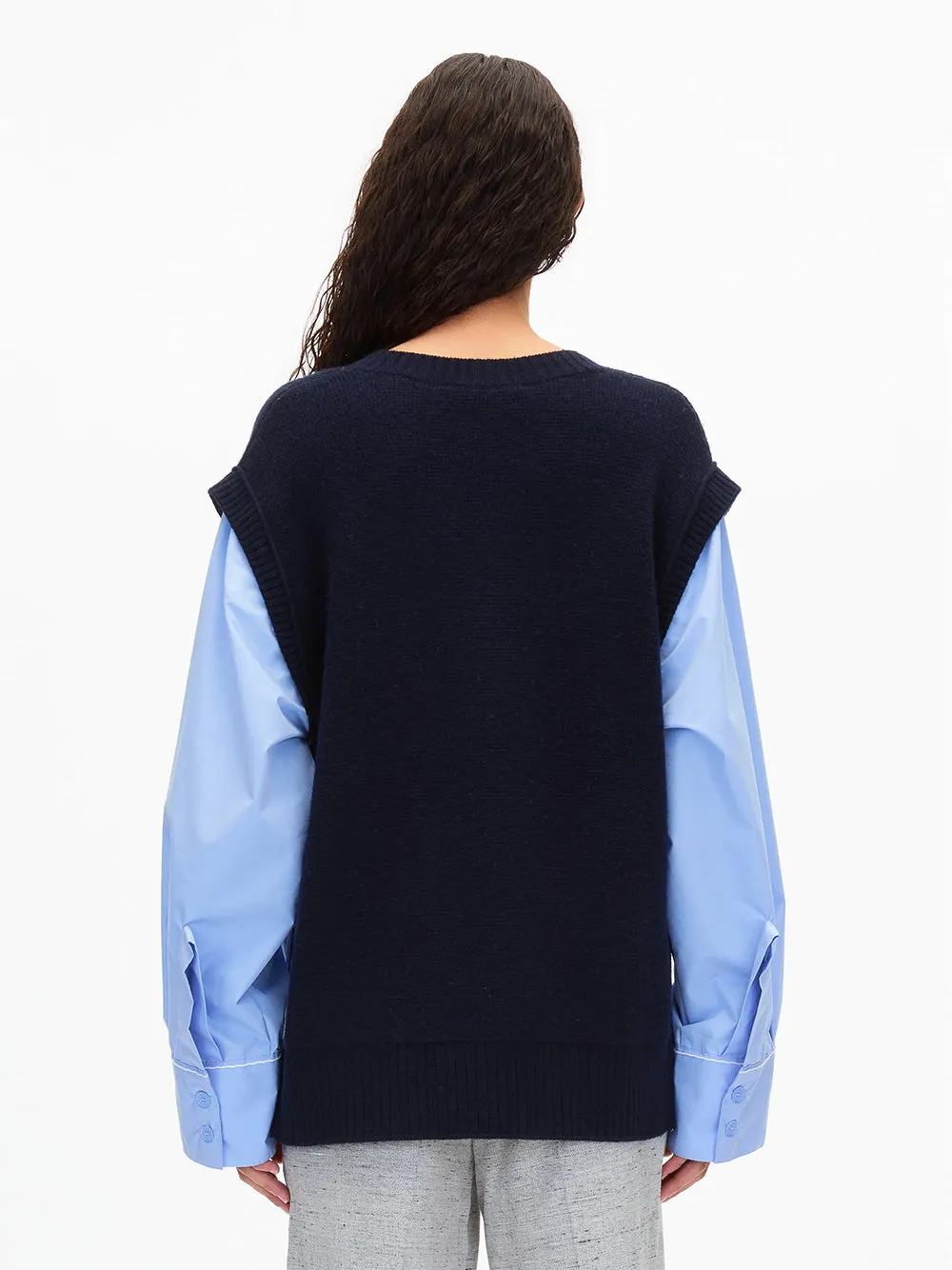 Oversized Knit Vest with Poplin Sleeves (Midnight)