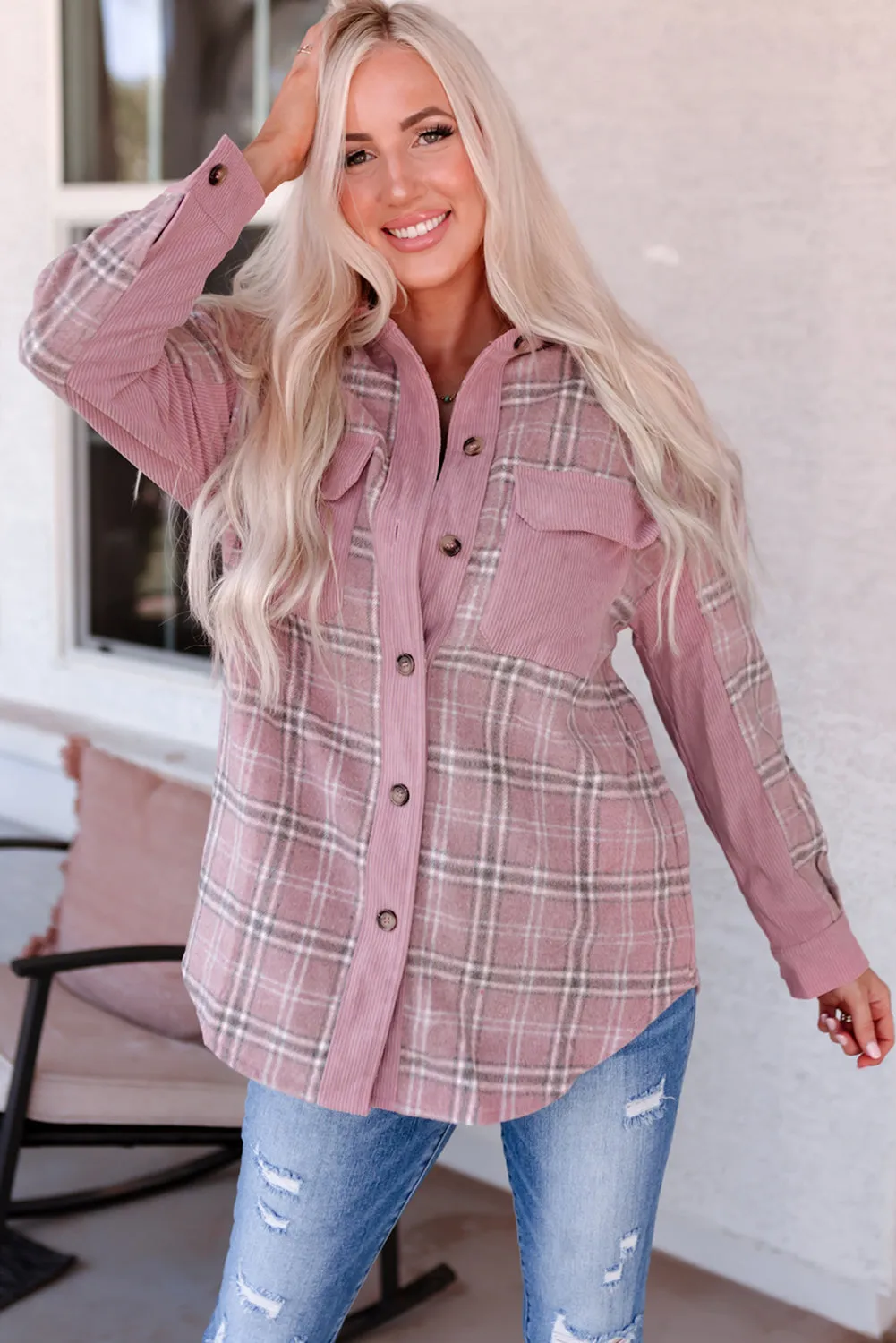Pink Plaid Pattern Corduroy Shacket