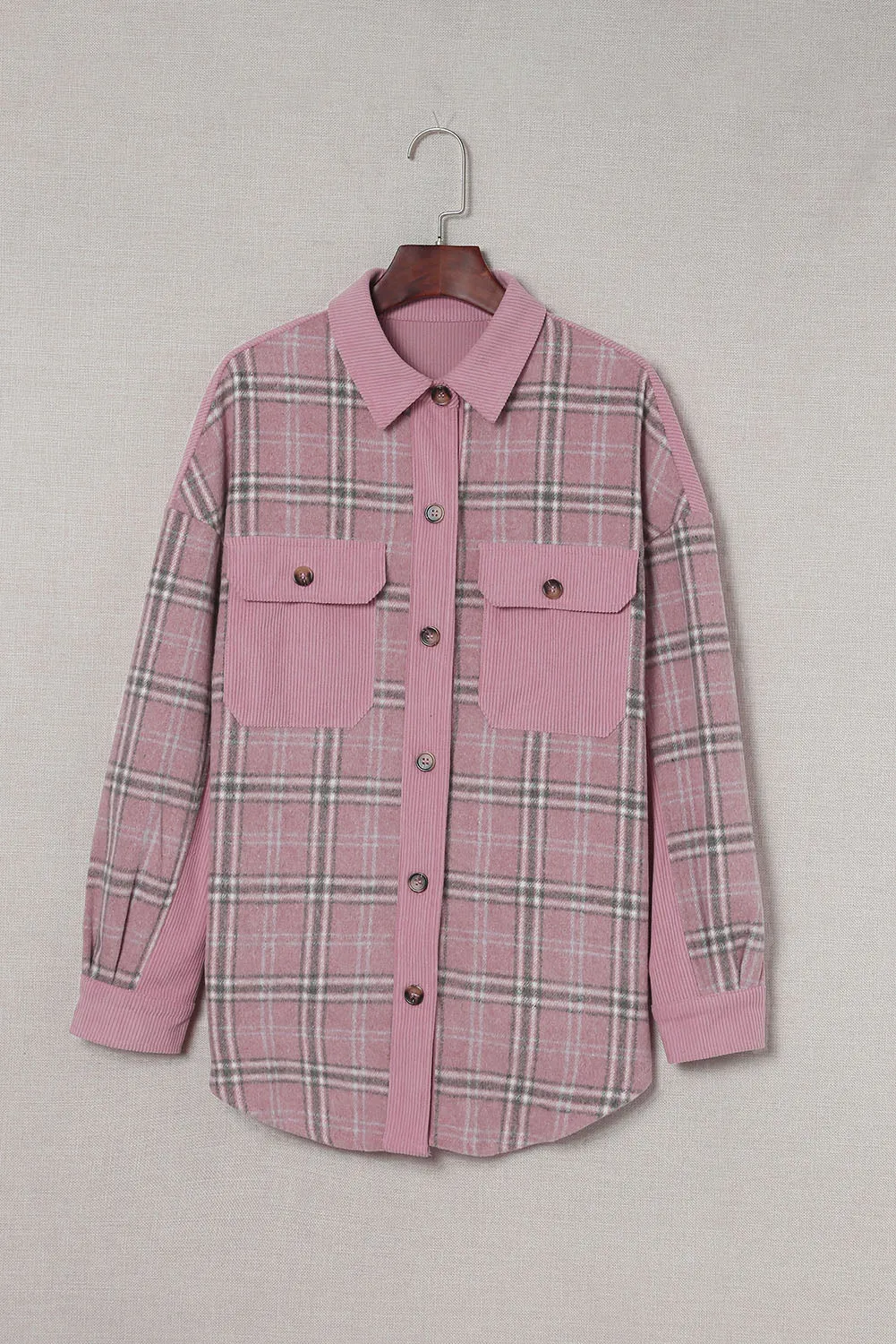 Pink Plaid Pattern Corduroy Shacket
