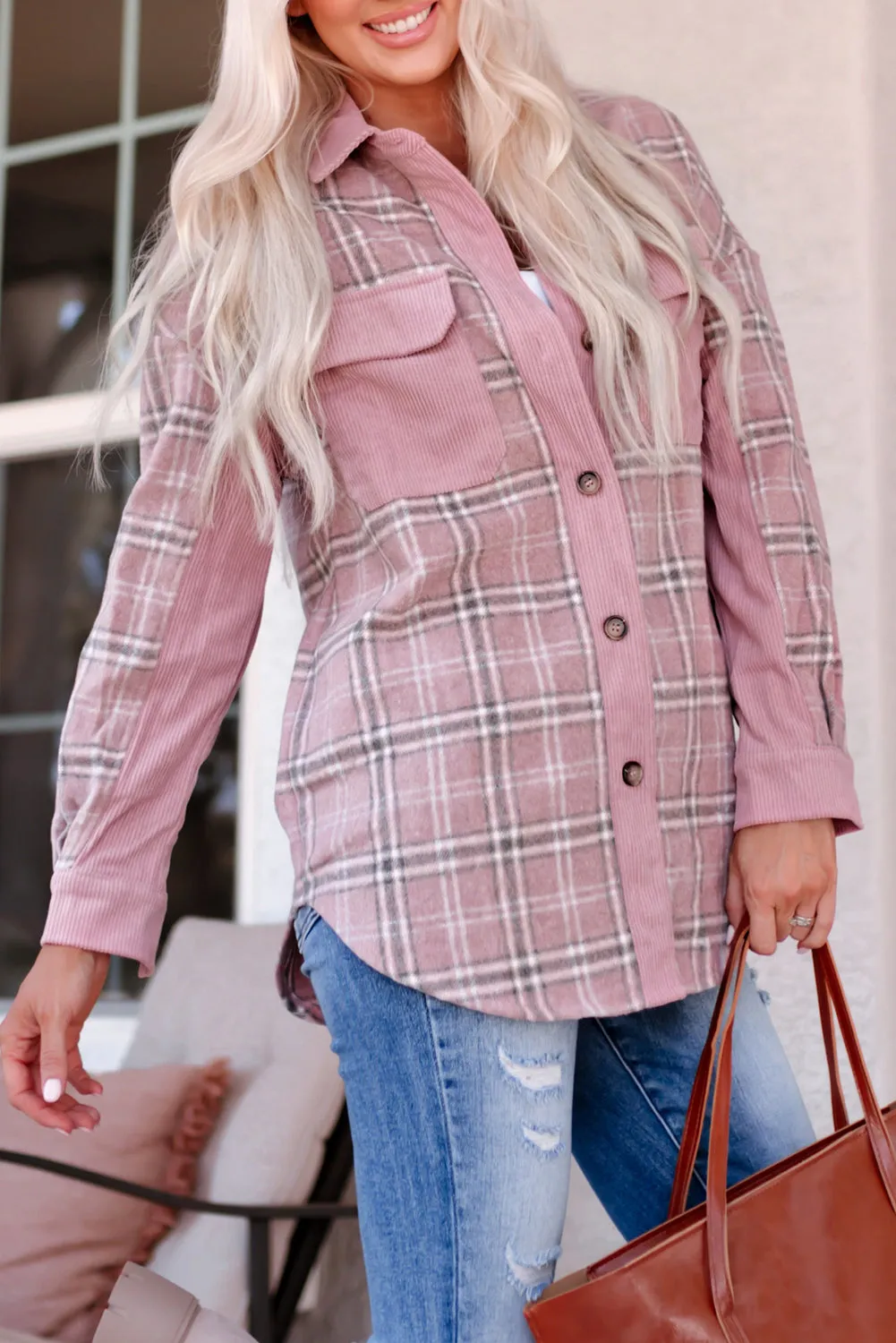 Pink Plaid Pattern Corduroy Shacket