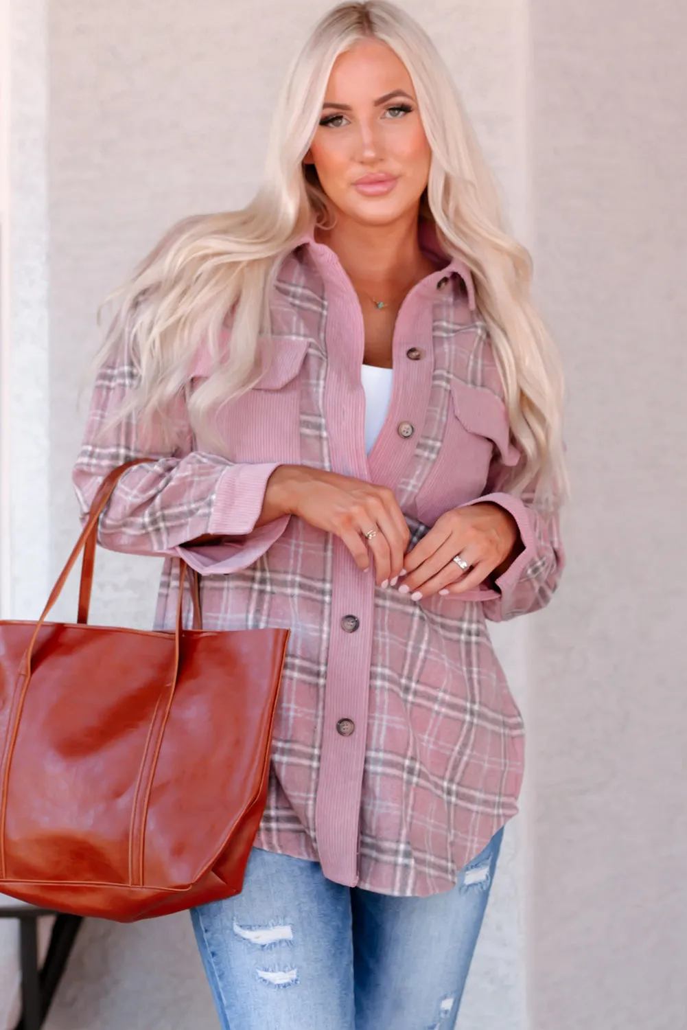 Pink Plaid Pattern Corduroy Shacket
