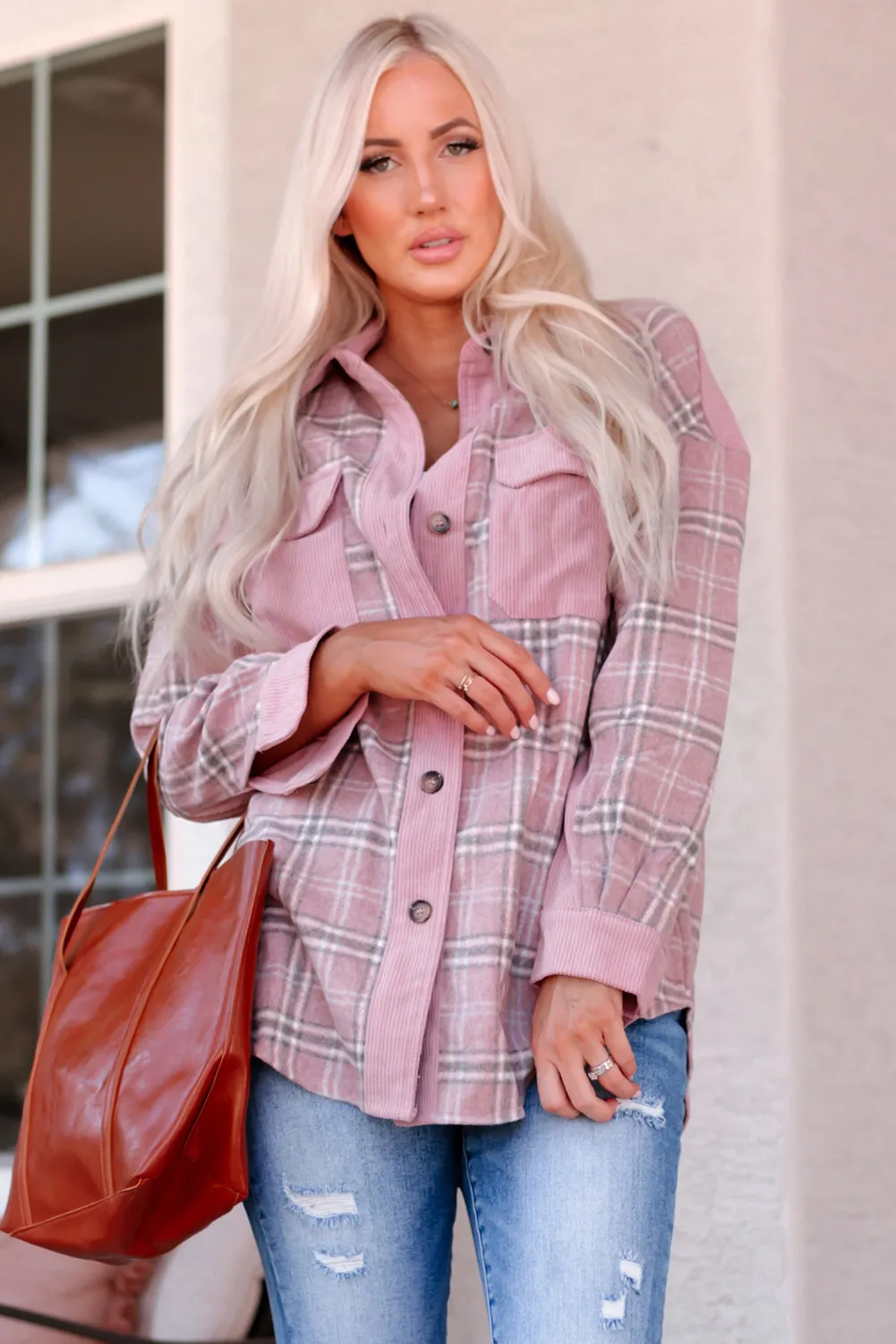 Pink Plaid Pattern Corduroy Shacket