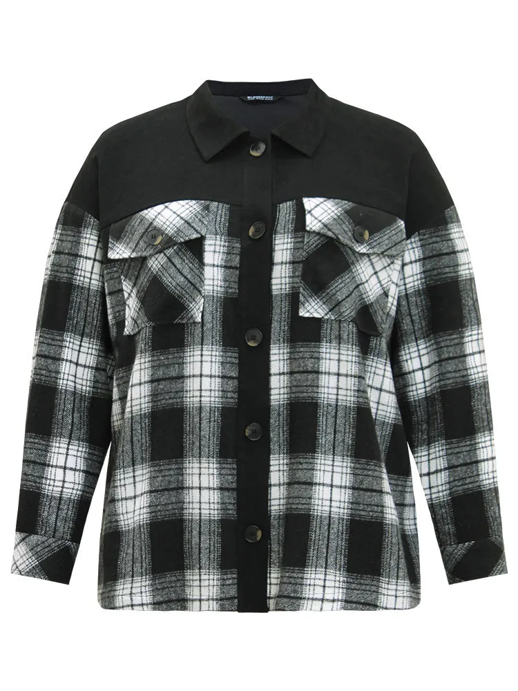 Plaid Patchwork Patched Pocket Button Through Shacket