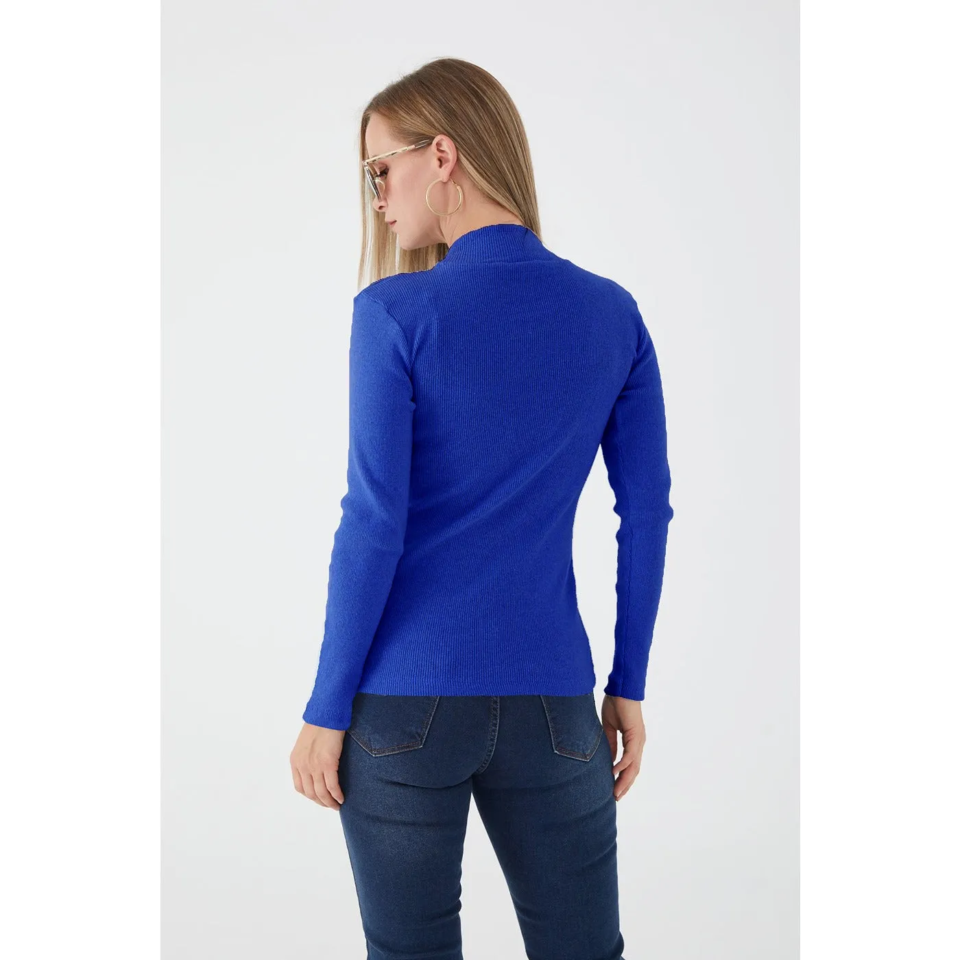 Royal Blue Turtleneck Ribbed Knitted Blouse