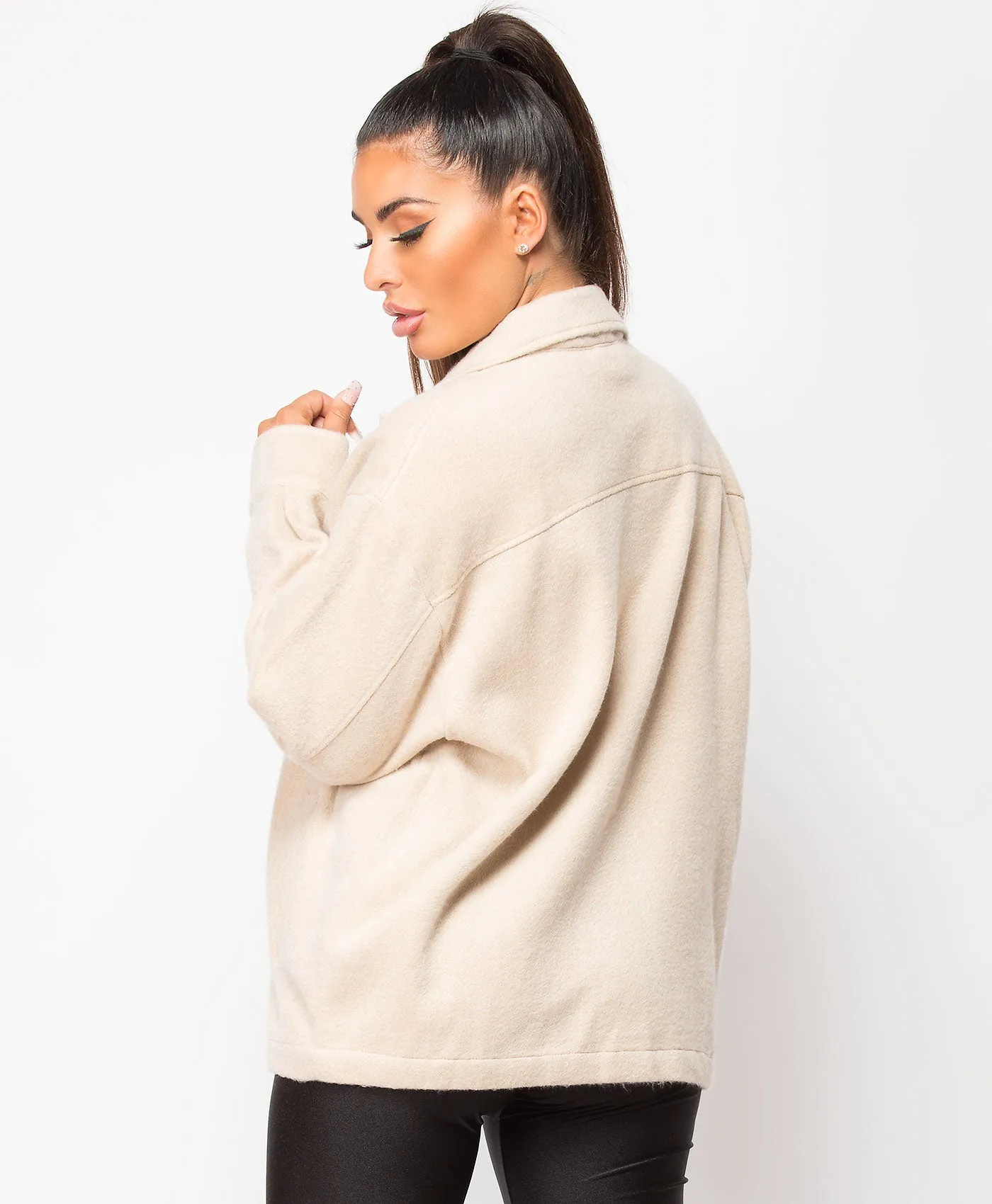 Sand Fleece Oversized Plain Shirt Shacket