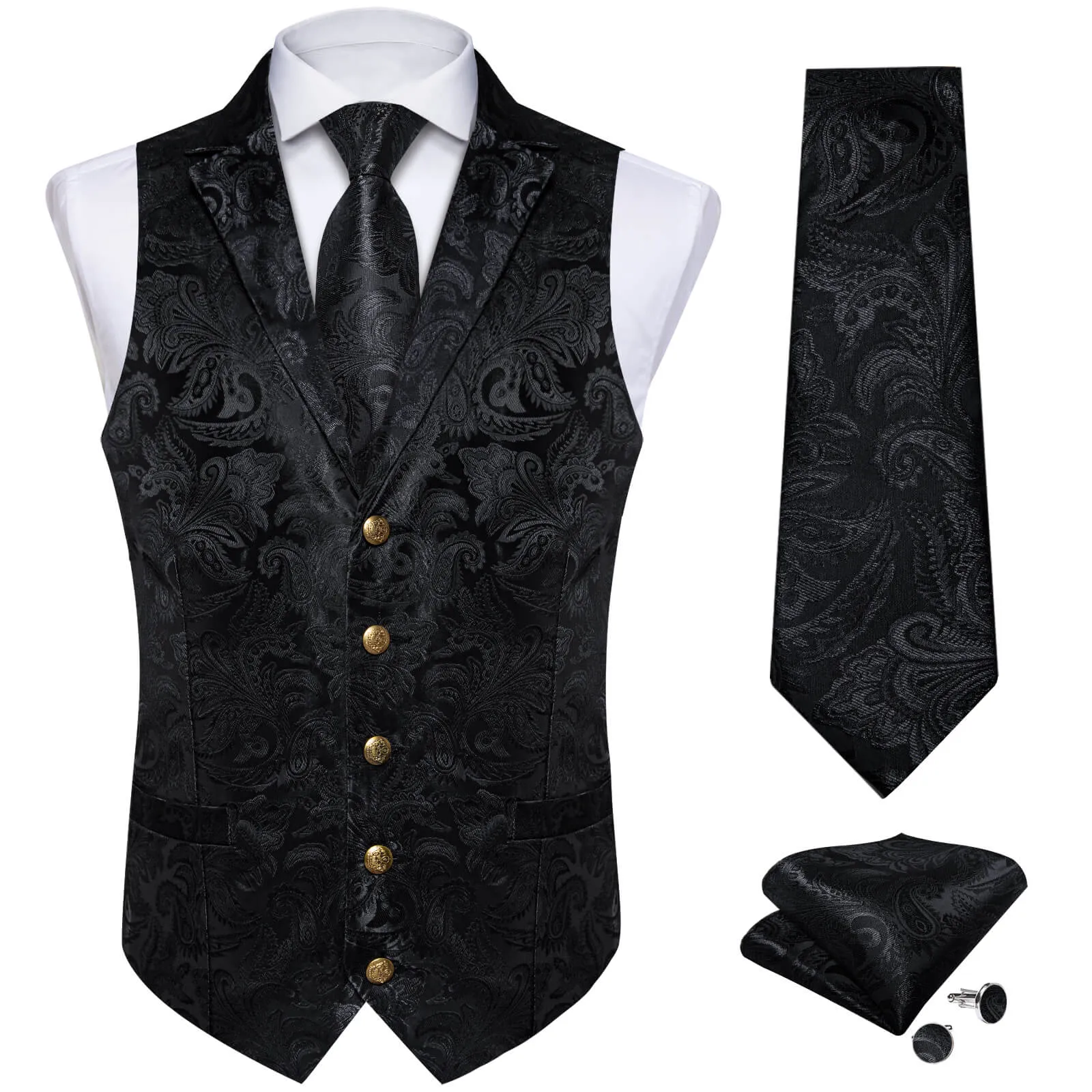 Ties2you Men's Vest Ink Black Floral Silk Waistcoat Suit Vest Tie Set