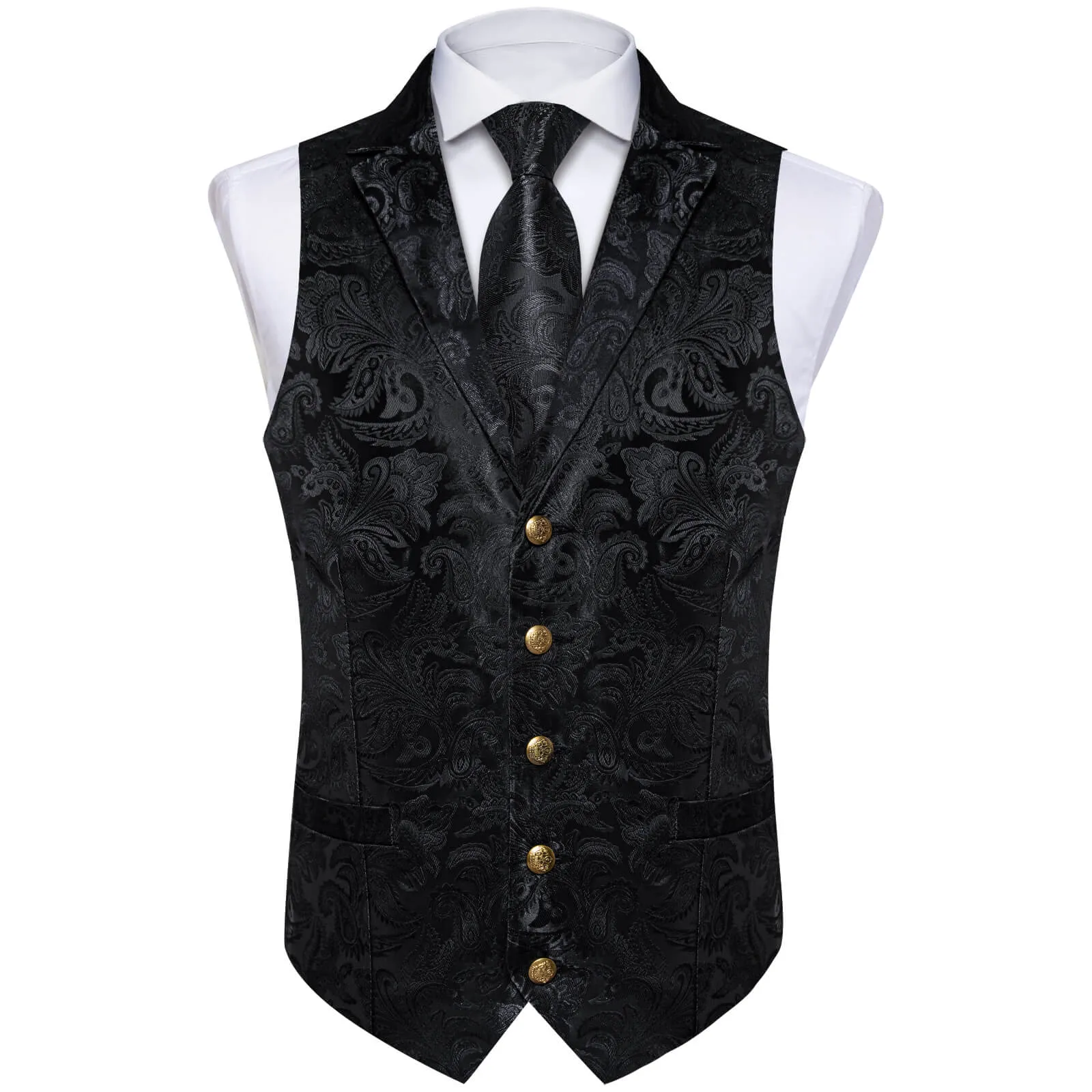 Ties2you Men's Vest Ink Black Floral Silk Waistcoat Suit Vest Tie Set