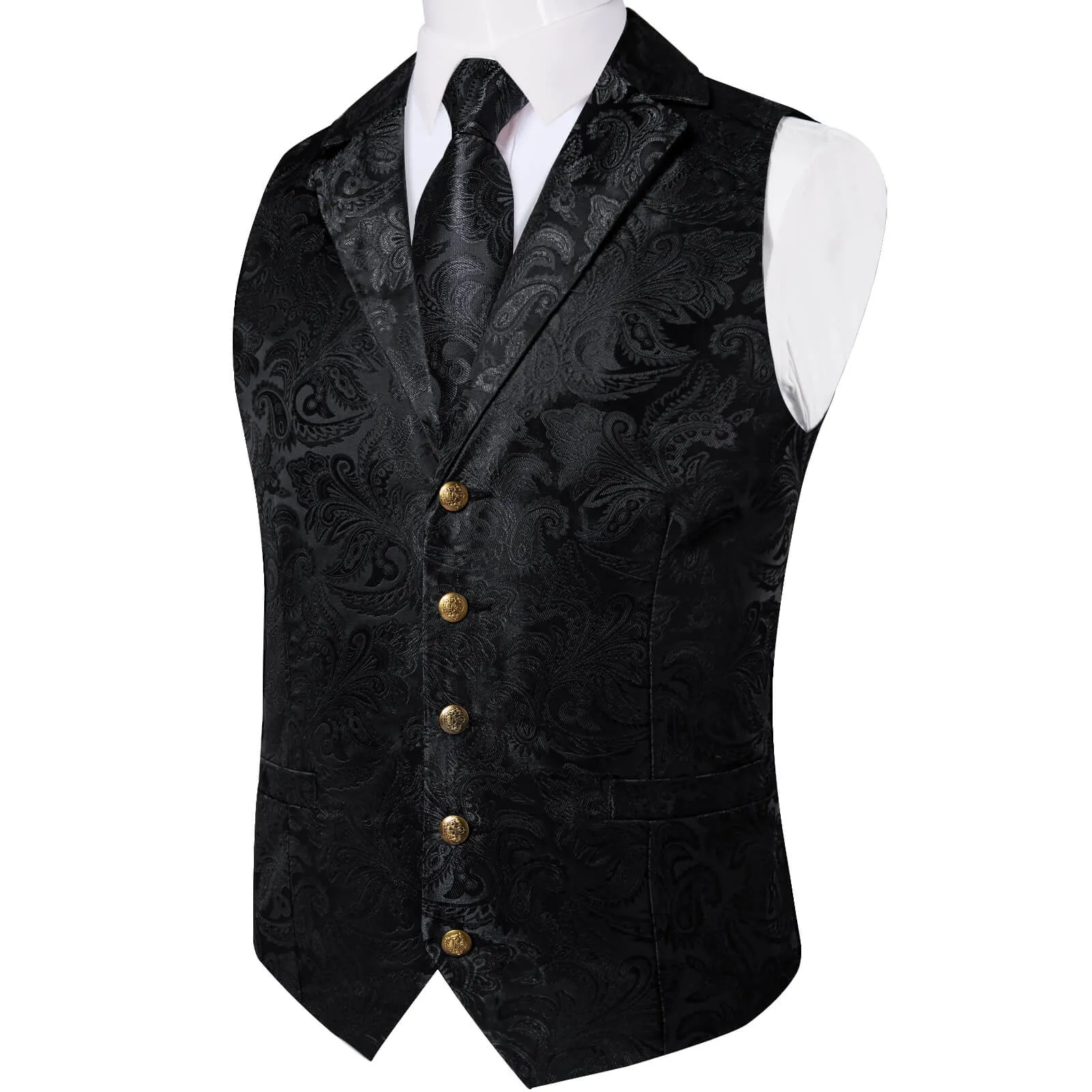 Ties2you Men's Vest Ink Black Floral Silk Waistcoat Suit Vest Tie Set