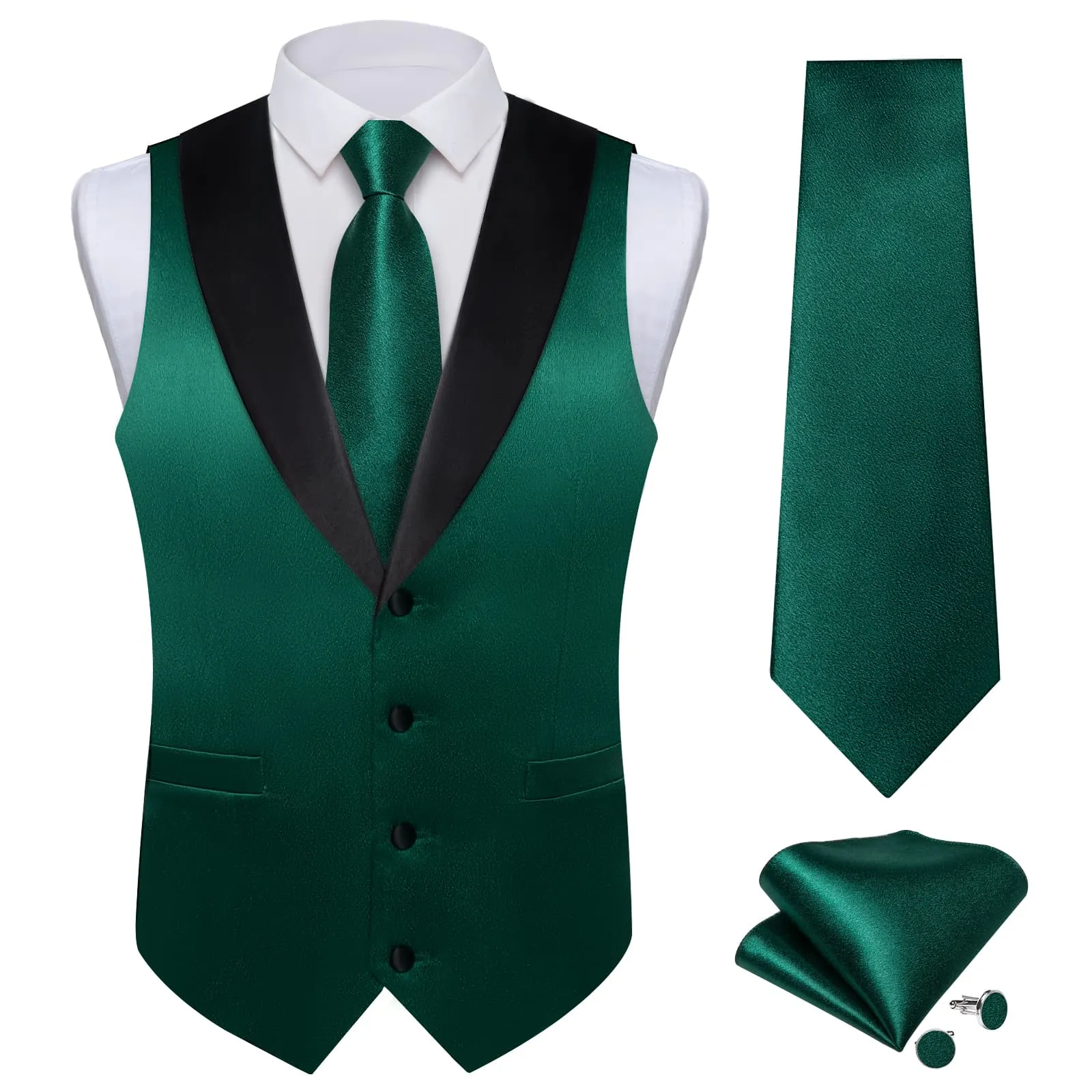 Ties2you Work Vest Shining Midnight Green Solid Shawl Collar Silk Dress Men's Vest Tie Set